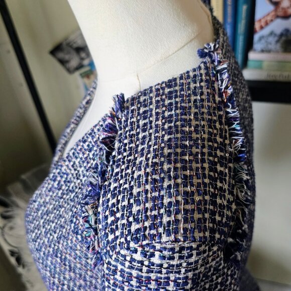 Banana Republic Blue & White Tweed Fringe Trim Single Button Blazer Jacket NWT - Picture 9 of 14